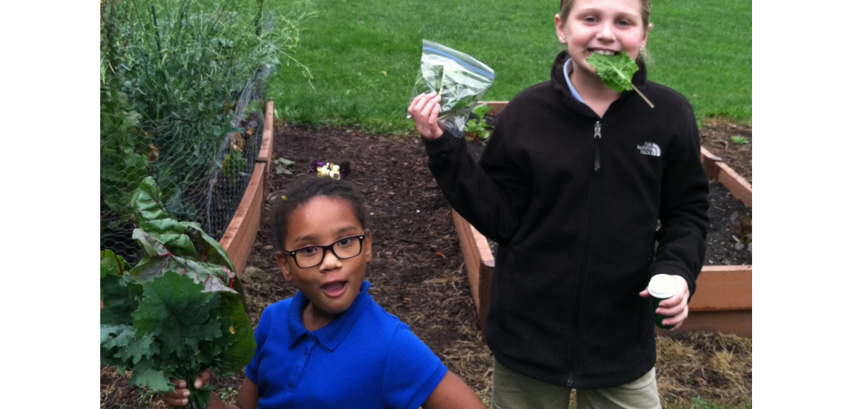 Two girls proudly display bundles of freshly picked leaves from the school garden